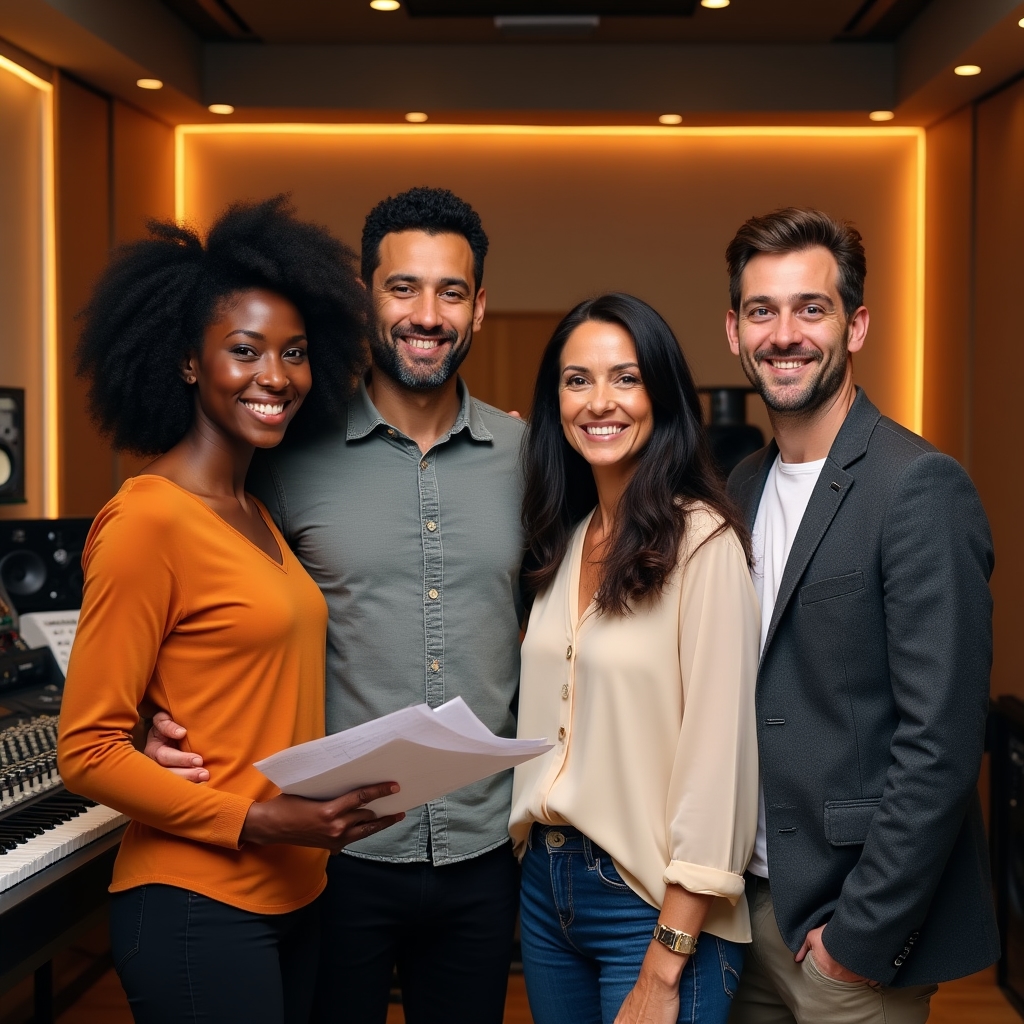 Team multilingua durante sessione di registrazione in studio